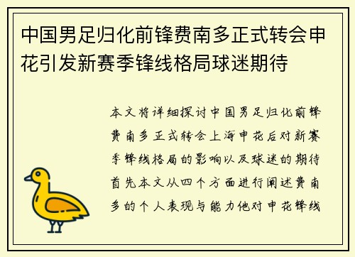 中国男足归化前锋费南多正式转会申花引发新赛季锋线格局球迷期待